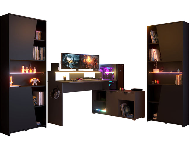 Parisot Gaming Set - Work 1 in schwarz #Eck-Gamingtisch und 2 x Schrank inkl. RGB LED Beleuchtung