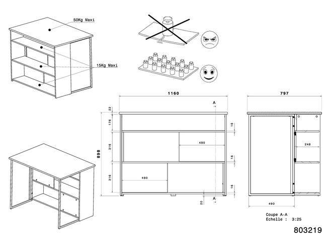Parisot Buffet Socool 11 - Küchenbuffet mit Theke in Weiß & Eiche mit Utensilienhalter